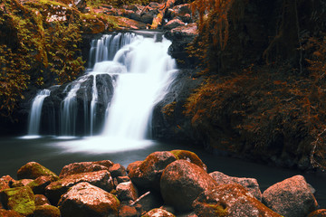 Waterfall with orange and red colours in the Gold Coast hinterlands.