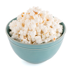 Popcorn in a blue bowl