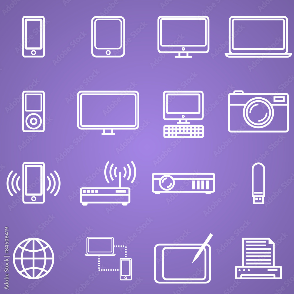 Poster gadgets and technology icons set, linear style. vector illustration in simple line design.