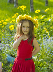 little girl in a red dress and a wreath
