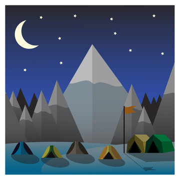 Mountain camp at night. Flat design vector illustration