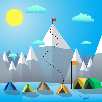 Flag On The Mountain Peak. Goal Achievement. Flat design vector illustration