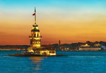 Fototapeta na wymiar Maiden's Tower (Kiz Kulesi) at sunset. Istanbul, Turkey