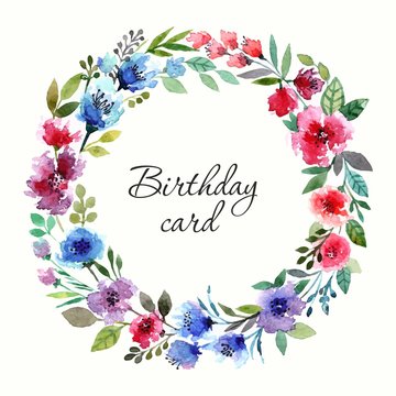 Birthday card/ Wedding invitation. Floral frame. Watercolor background with flowers.