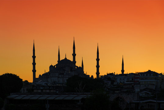 Blue (Sultan Ahmed) Mosque silhouette at sunset, Istanbull, Turk