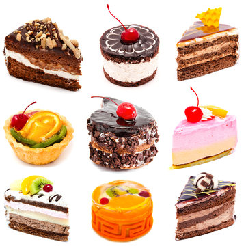 Collection of photos delicious cakes isolated