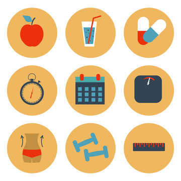 Fitness and health, slimming set of icons. Vector illustration