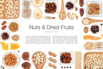 nuts and dried fruits on white background