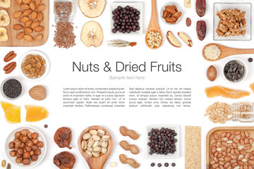 nuts and dried fruits on white background