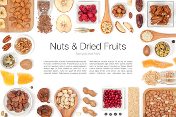 nuts and dried fruits on white background