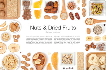 nuts and dried fruits on white background