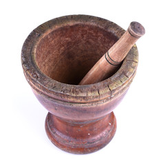 wooden mortar and pestle isolated on white background