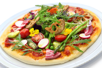 healthy vegetable pizza, vegetarian food isolated on white background