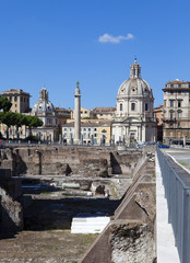 Italy. Rome. Trojan column, churches of Santa Maria di Loreto and Santissima Nome di Maria (Most Holy Name of Mary ),and ruins of a forum of Trajan
