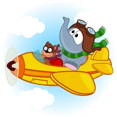 Meubelstickers Olifant in een vliegtuig olifant en muis op het vliegtuig - vectorillustratie, eps