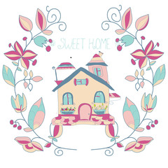 beautiful background with a house and wreath flower on white background