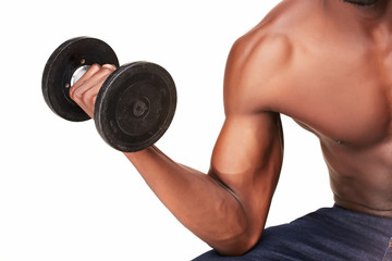 Fototapeta na wymiar Strong and muscular guy with dumbbell isolated on white