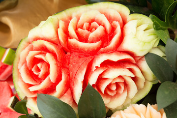 watermelon fruit carved shape beautiful rose flowers © sutichak
