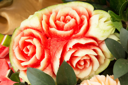 watermelon fruit carved shape beautiful rose flowers