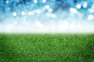 Fototapeta na wymiar Image of green grass field and bright blue bokeh
