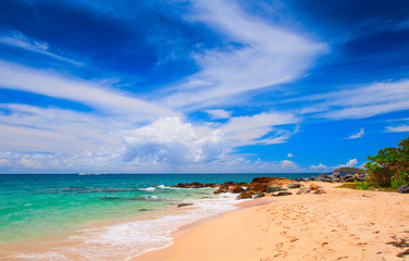 Fototapeta na wymiar Beautiful beach with white sand and blue water in Caribbean