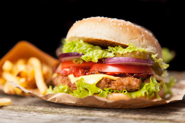 Delicious hamburger and fries