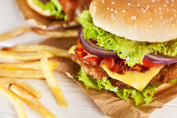 Delicious hamburger and fries
