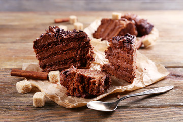 Tasty chocolate cake on table, close-up