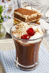 rish coffee with cherries and tiramisu cake