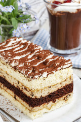 Tiramisu cake and irish coffee with cherries