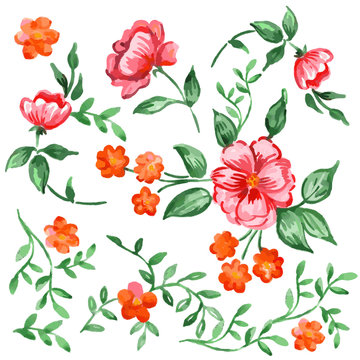 Handpainted watercolor vector flowers and leaves set