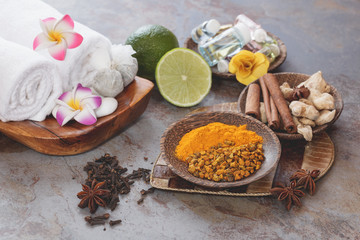 Fototapeta na wymiar Spa. Some of spices used in traditional Balinese treatments 