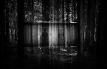 abstract double exposured horror background, evil woods and abandon building with shadows 
