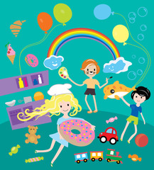 Obraz na płótnie Canvas Kids party with toys and food festival