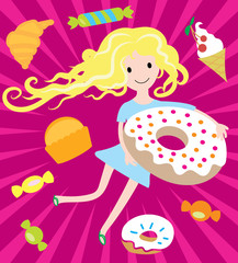 Girl dreams with big donut and tasty sweets