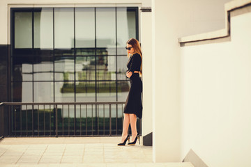 Obraz na płótnie Canvas Portrait of a business woman standing near office buildings