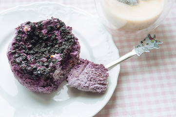 Pudding with blueberries and Iced coffee
