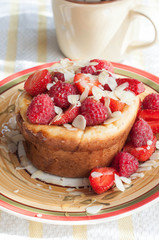 Curd pudding with berries honey and almonds
