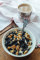 Cottage cheese with blueberries, nuts and honey