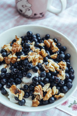 Cottage cheese with blueberries, nuts and honey