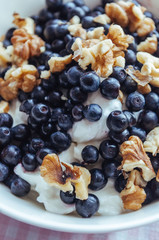 Fototapeta na wymiar Cottage cheese with blueberries, nuts and honey