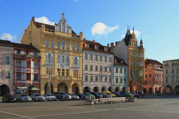 Obraz premium Buildings on Prshemysl Otakar Square. Ceske Budejovice, Czech Republic