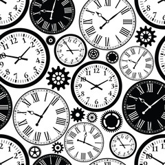 Clock`s seamless pattern. Black and white texture of time.