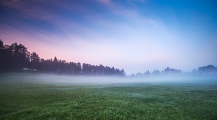 Morning fog in the valley with bright blue sky