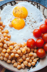 Scrambled eggs with chickpeas and cherry tomatoes