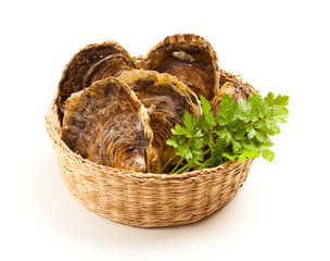 Oysters in a basket with parsley.