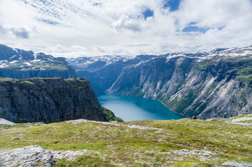 Summer norwegian landscape with mountains and lake valley