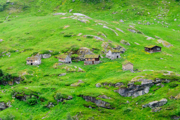 Fototapeta na wymiar Small village houses at green valley