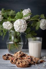 Glass of milk and cookies made of nuts and raisins