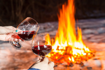 Young couple near the bonfire